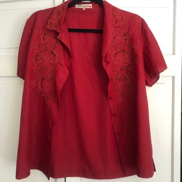 Tops - Red Chinese Inspired Embroidered Button Up Shirt